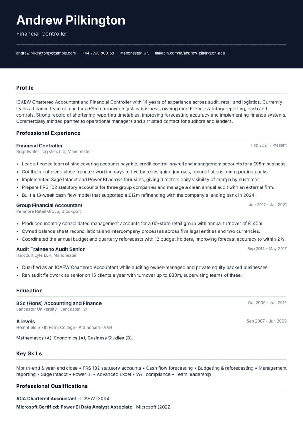 financial controller cv template