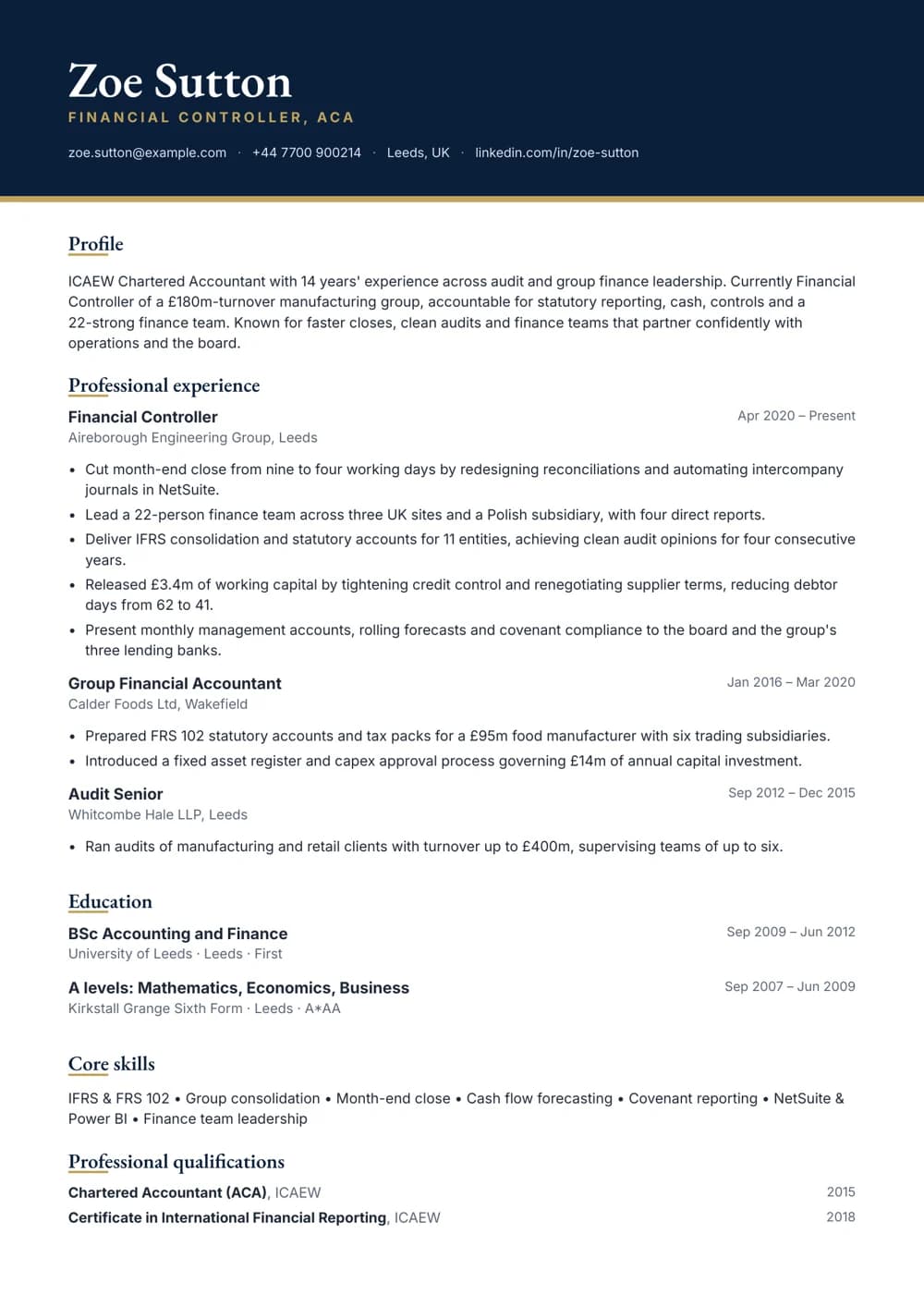 chartered accountant (aca) cv template