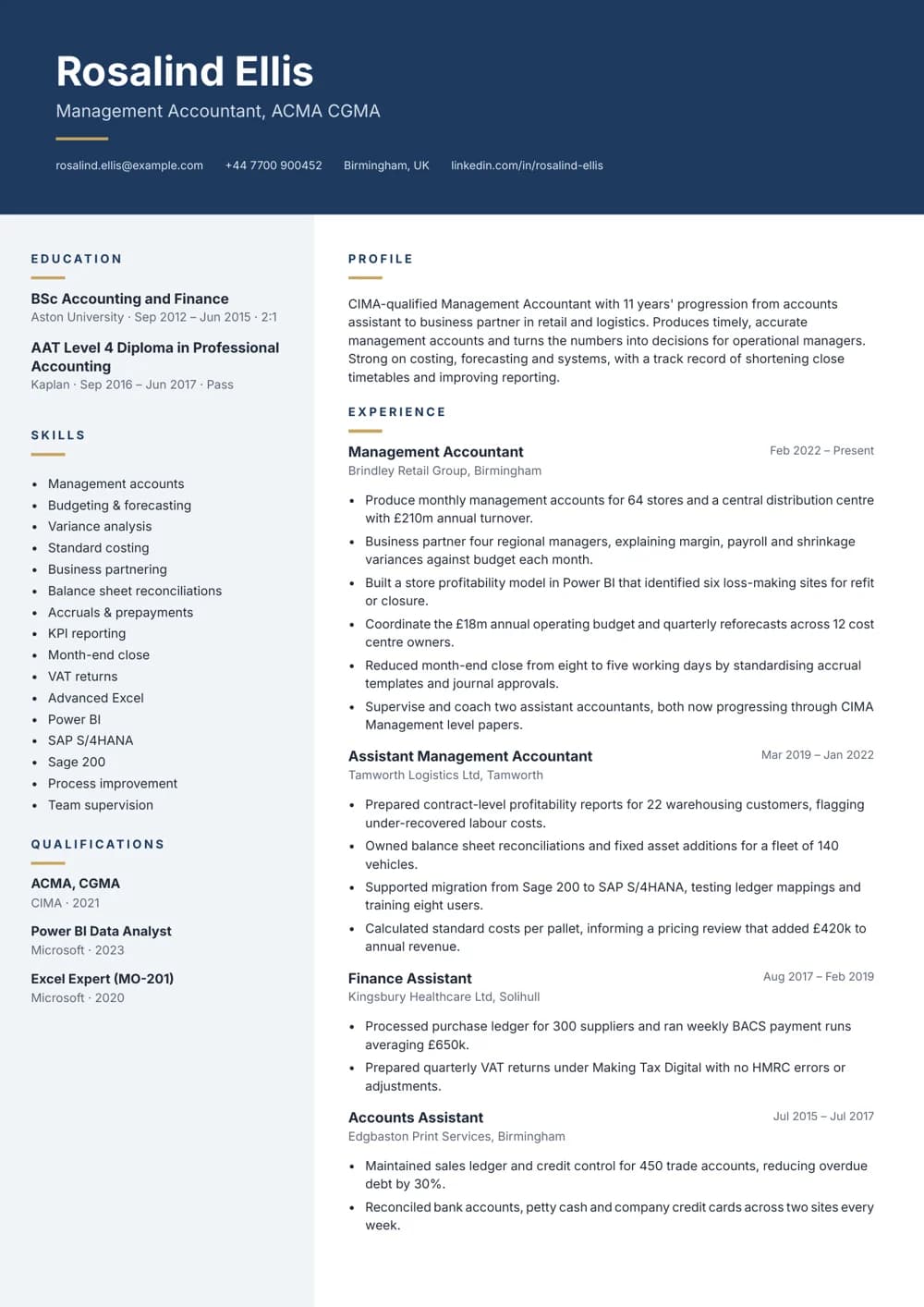 CIMA Management Accountant CV template