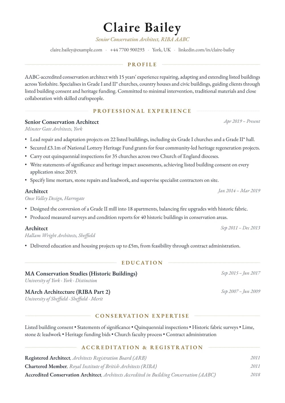 Conservation Architect CV template