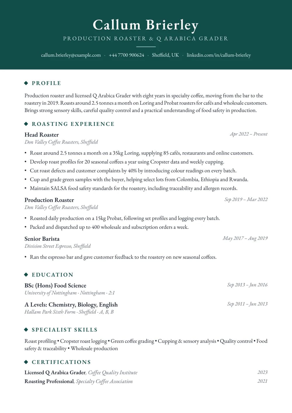 coffee roaster cv template