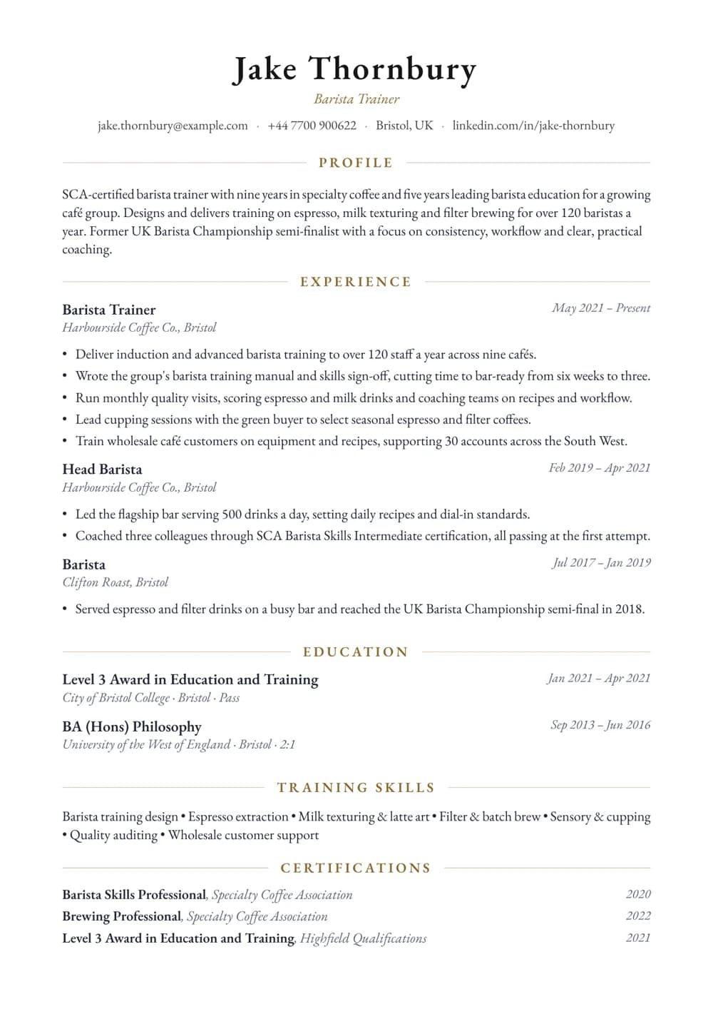 Barista Trainer CV template