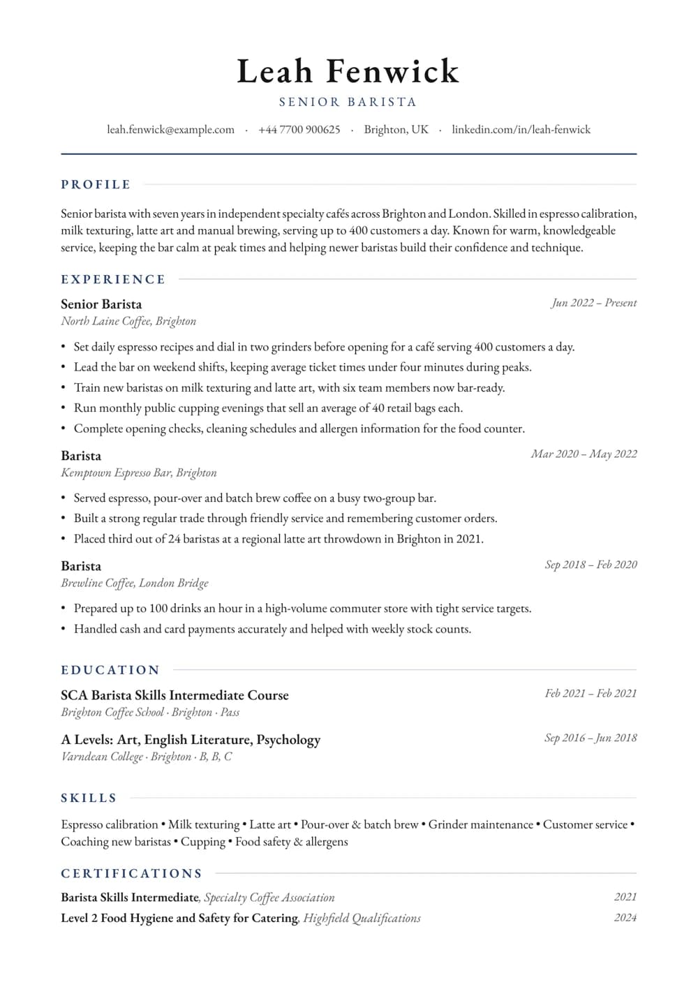 Senior Barista CV template
