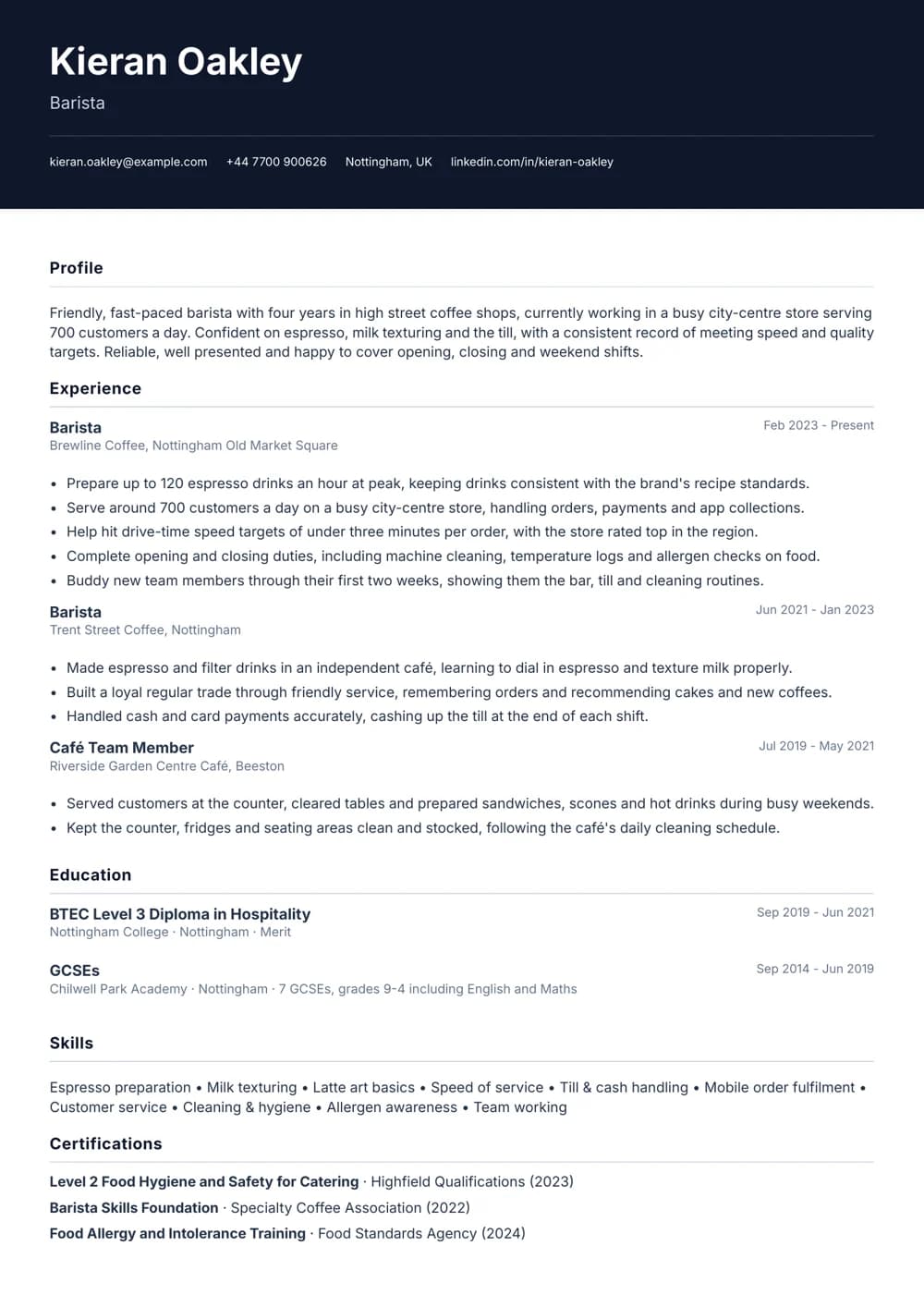 high street barista cv template
