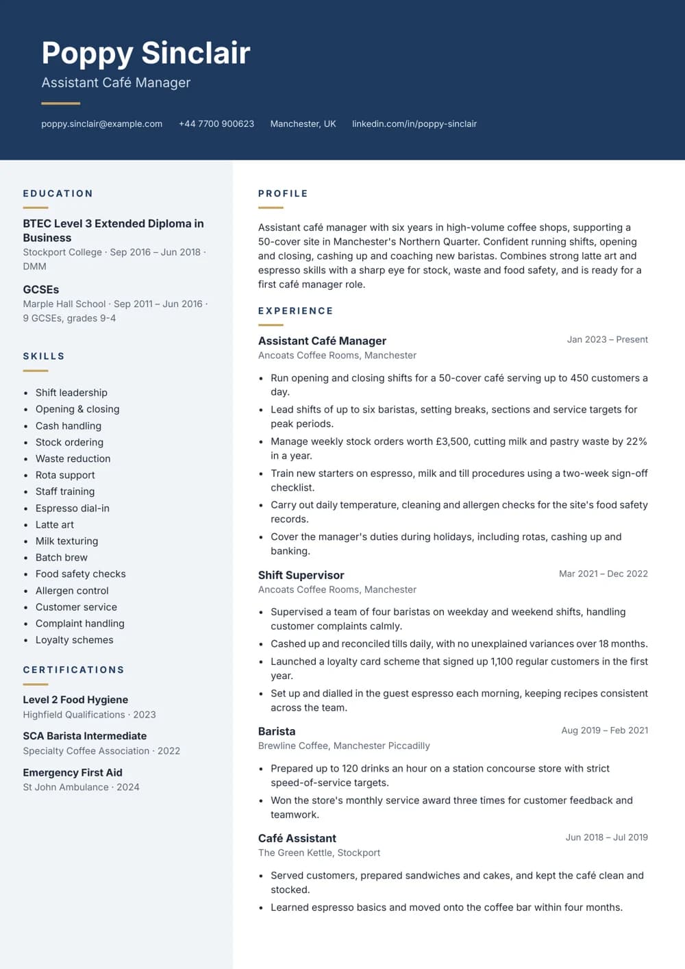 Assistant Café Manager CV template