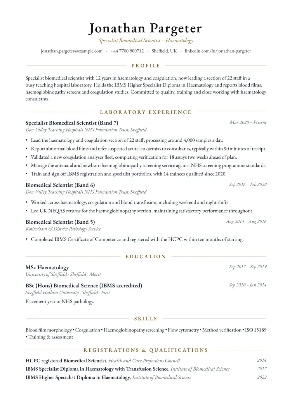 Specialist Biomedical Scientist CV template