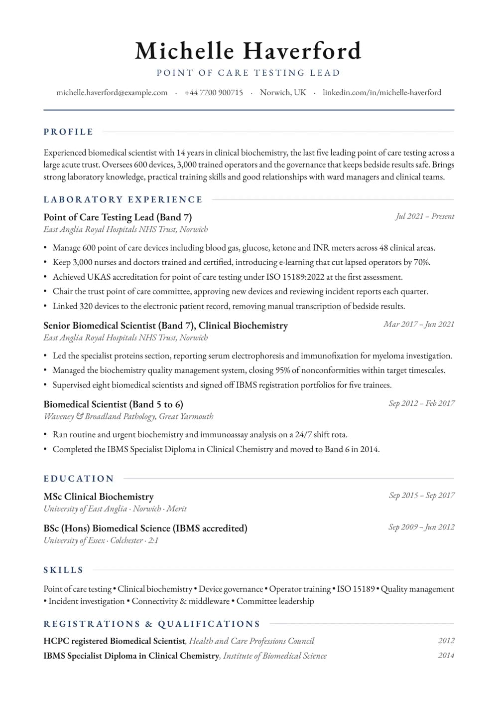 Point of Care Testing Lead CV template