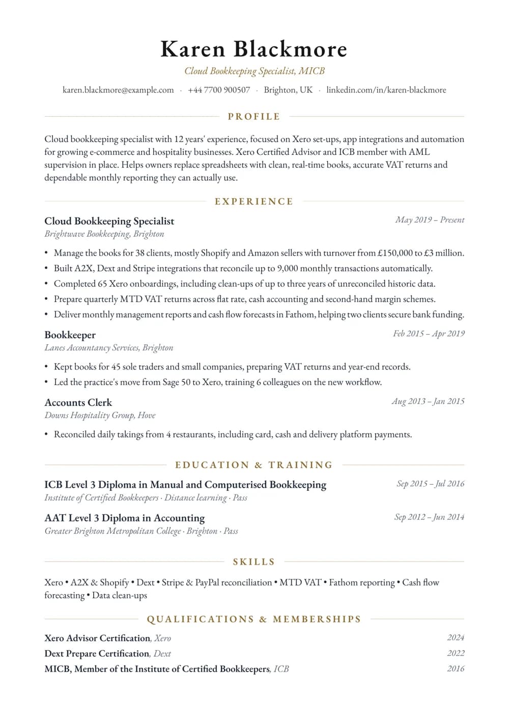 Xero Bookkeeping Specialist CV template