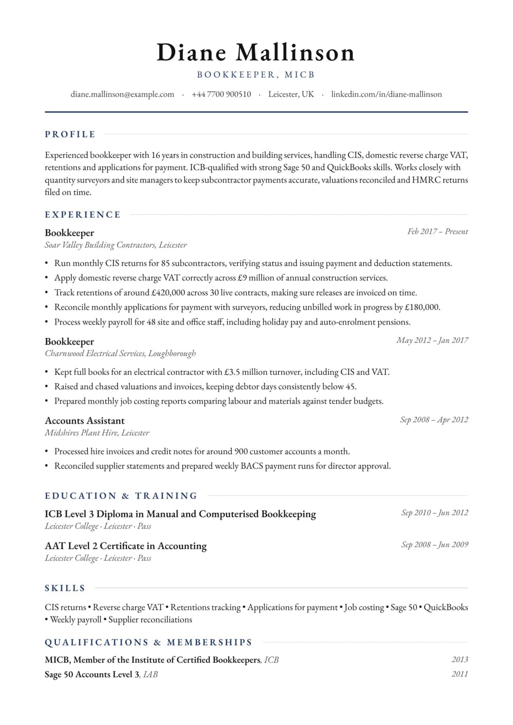 Construction Bookkeeper CV template