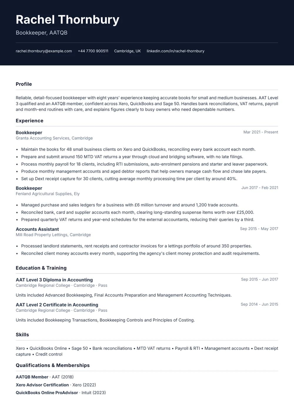 bookkeeper cv template