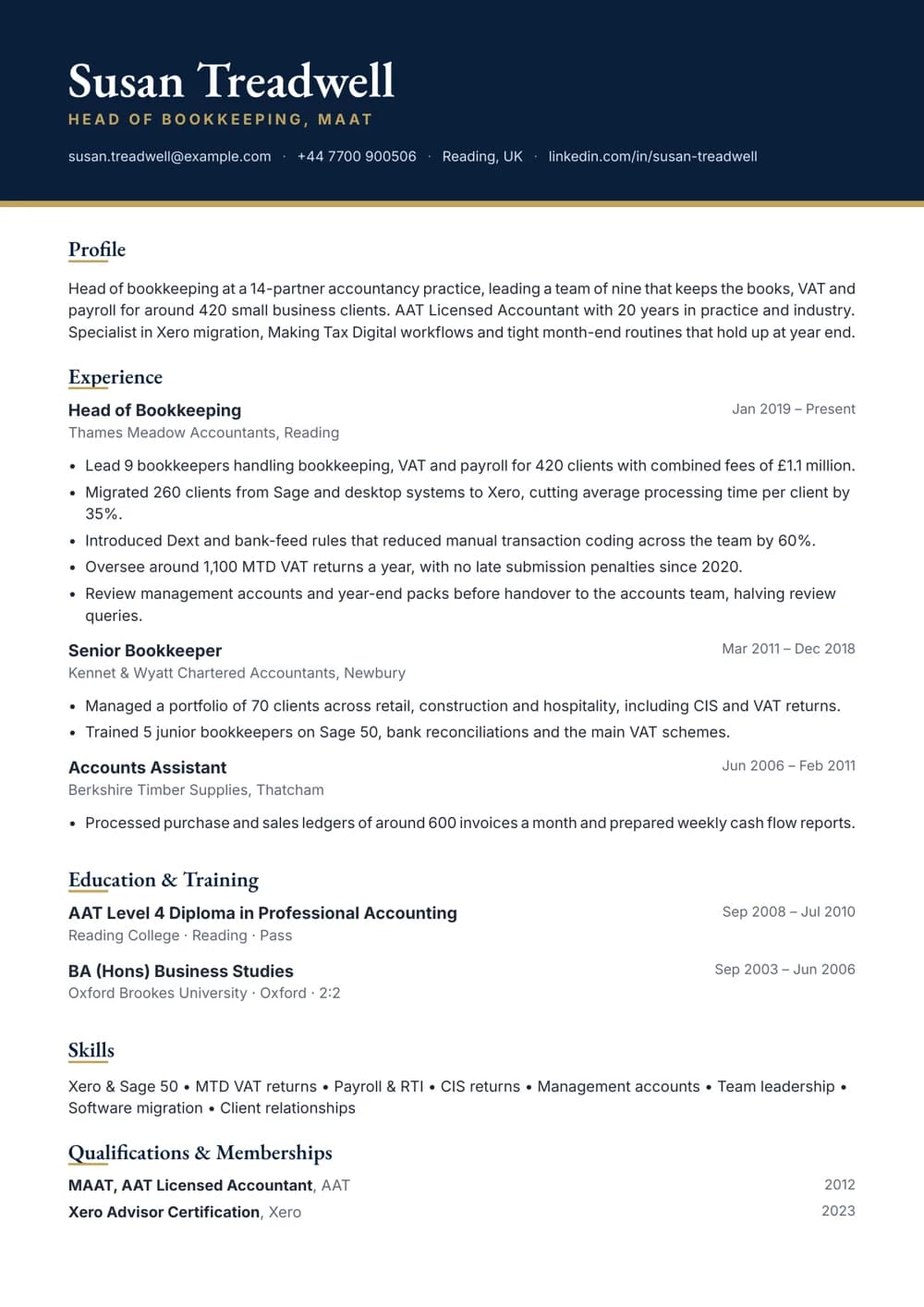 head of bookkeeping cv template