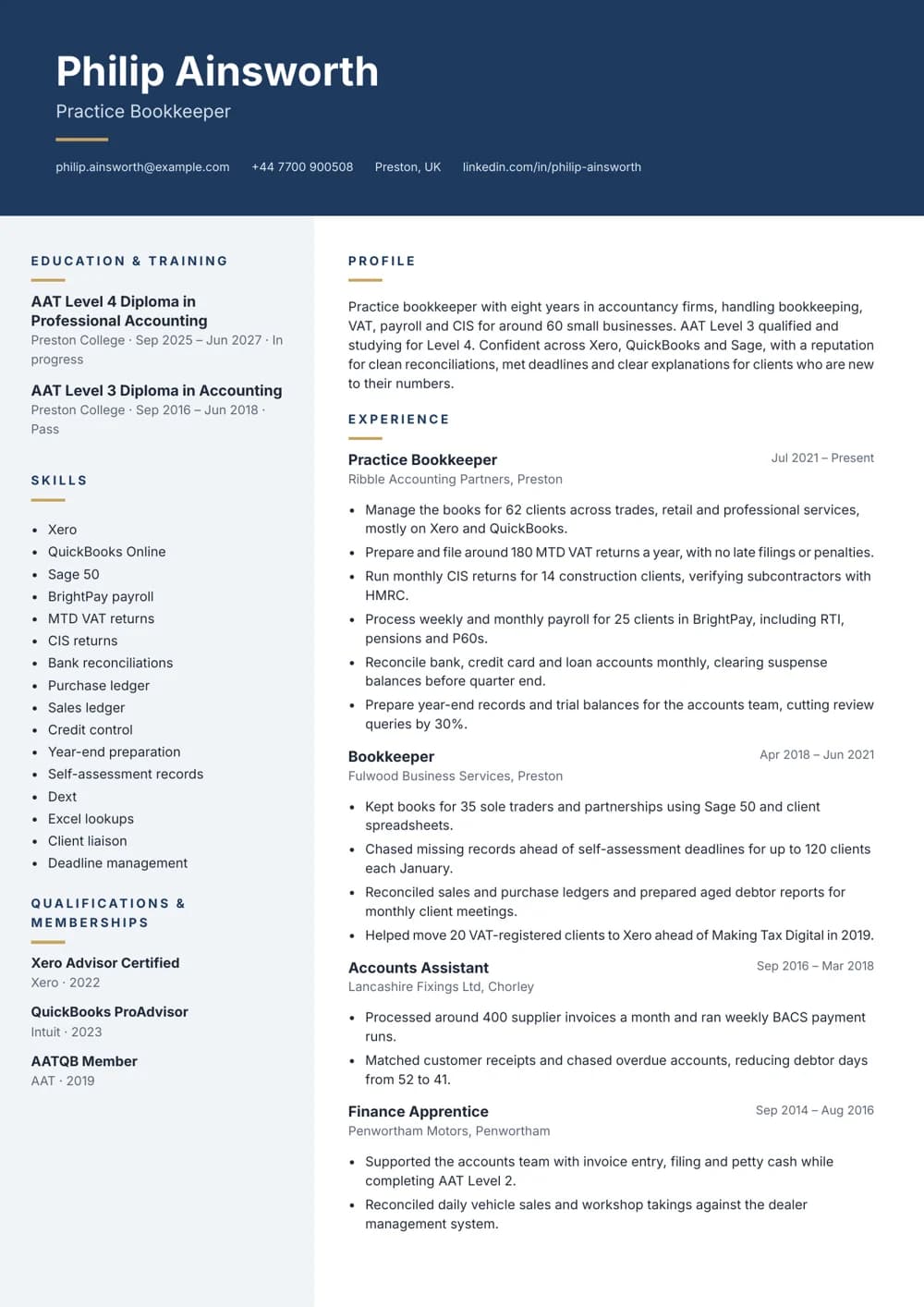 Practice Bookkeeper CV template