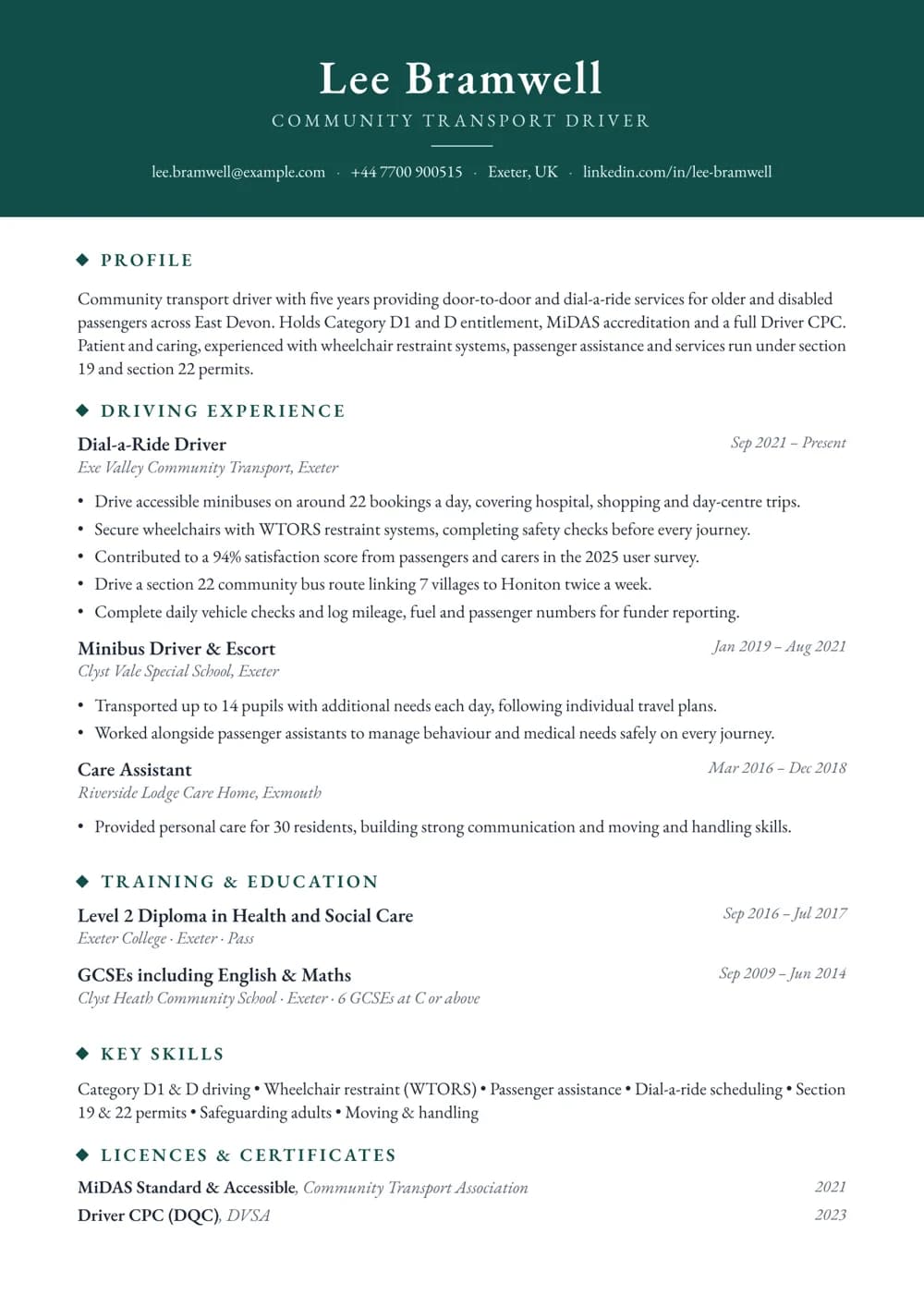 community transport driver cv template