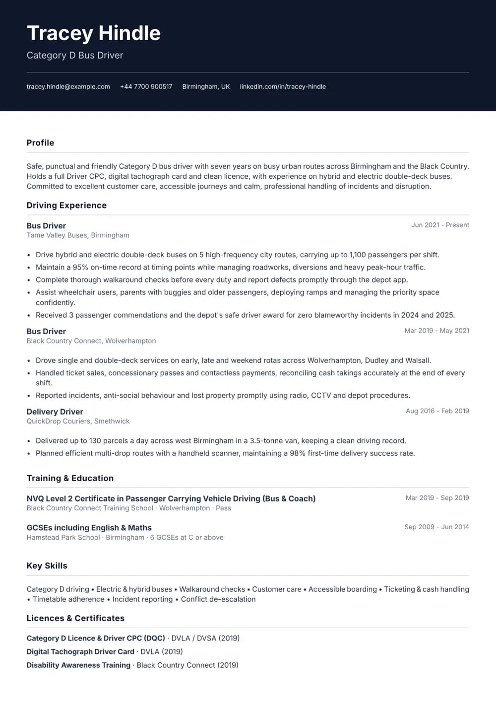 bus driver cv template
