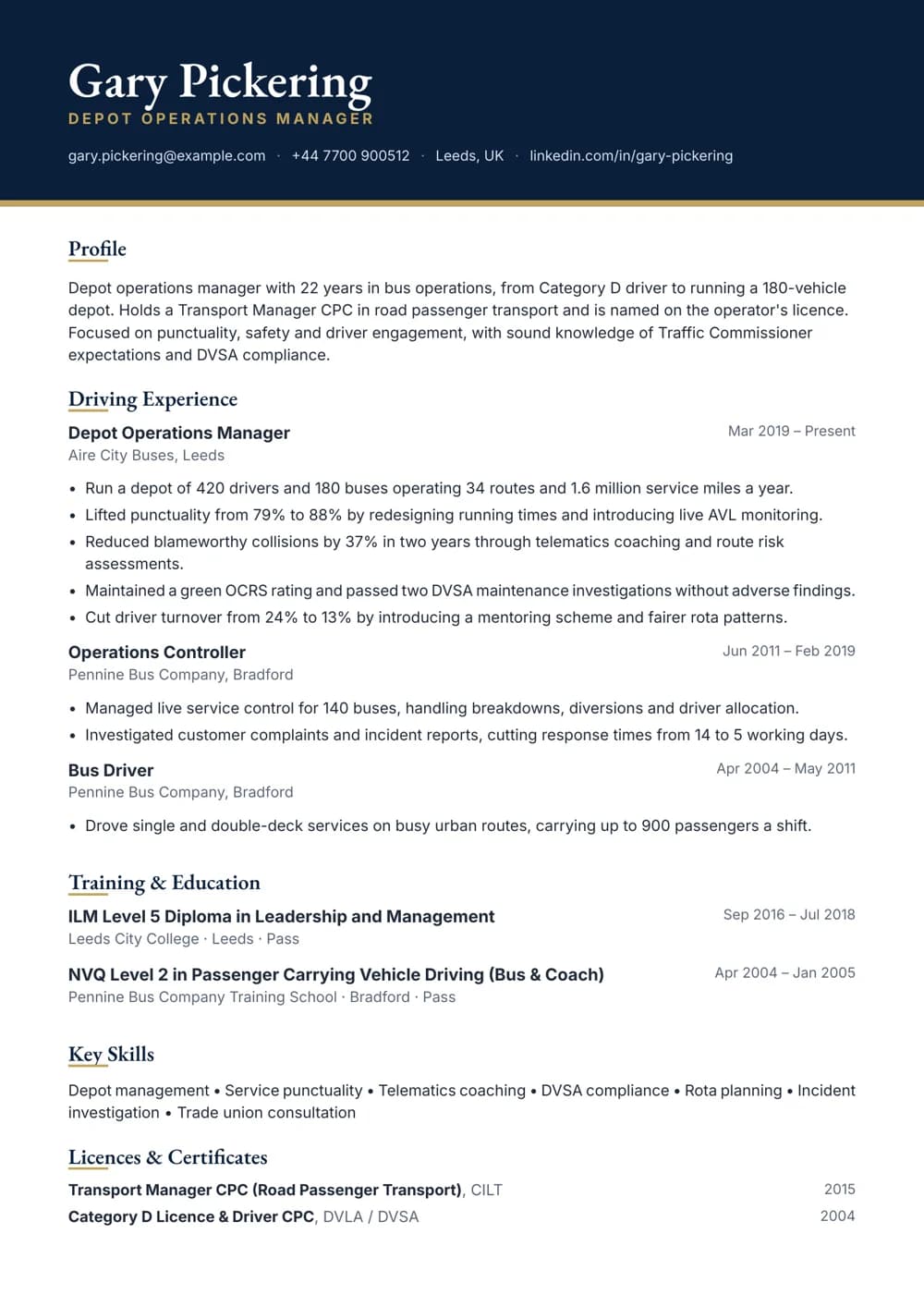 depot operations manager cv template