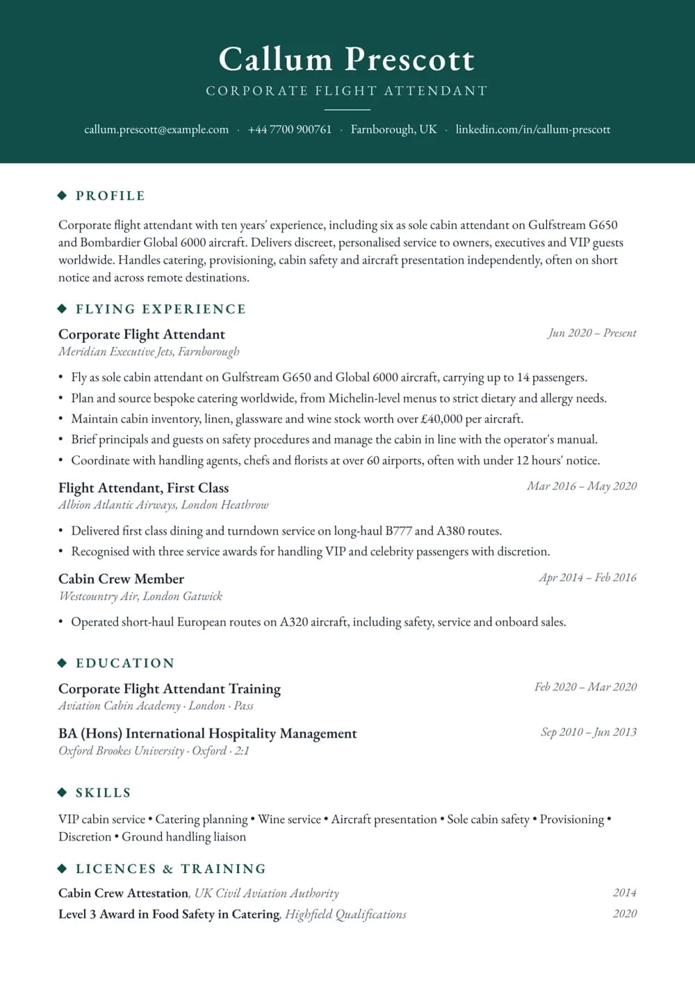 private jet flight attendant cv template