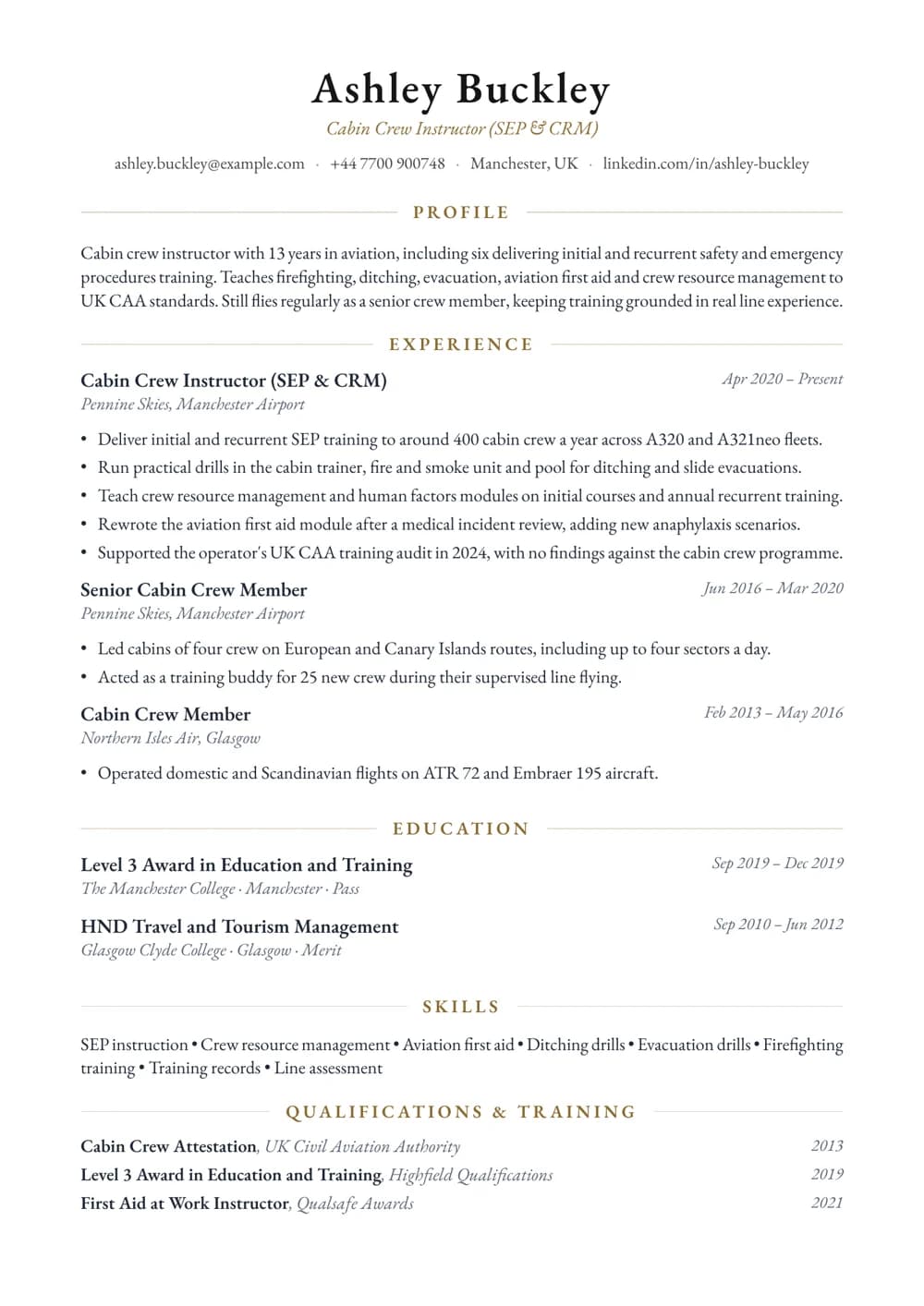 Cabin Crew Trainer CV template