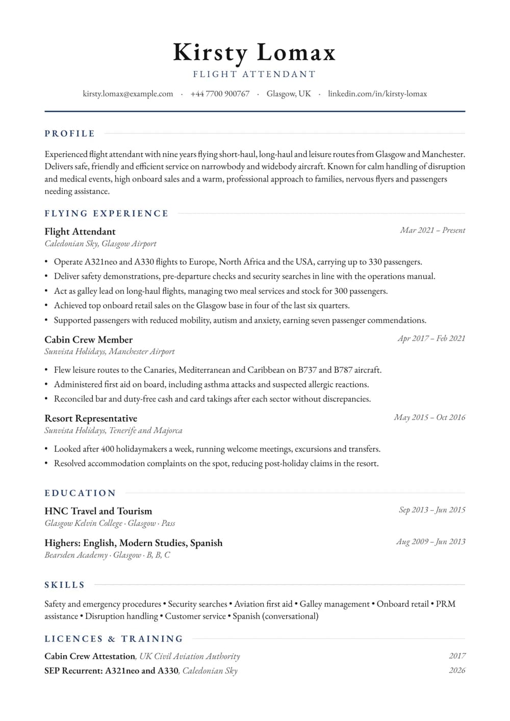 Experienced Flight Attendant CV template