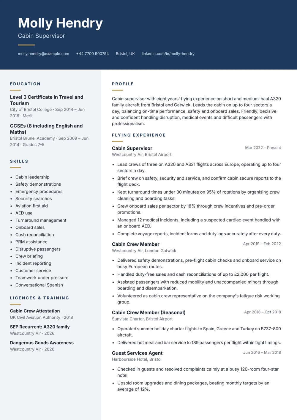 Cabin Supervisor CV template