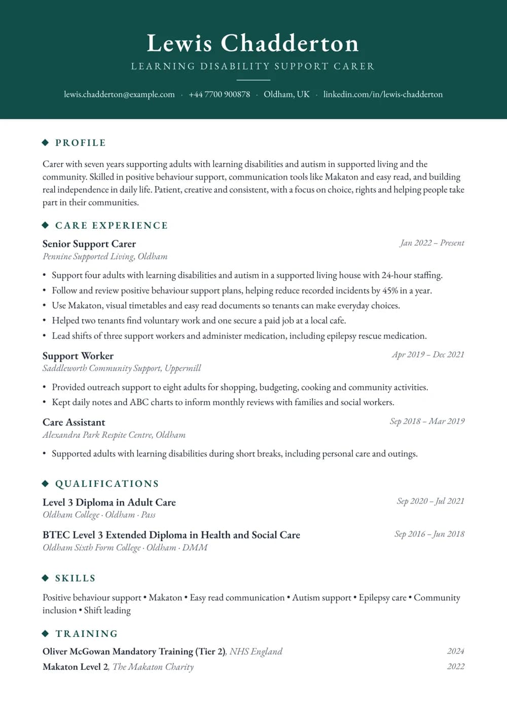 learning disability carer cv template
