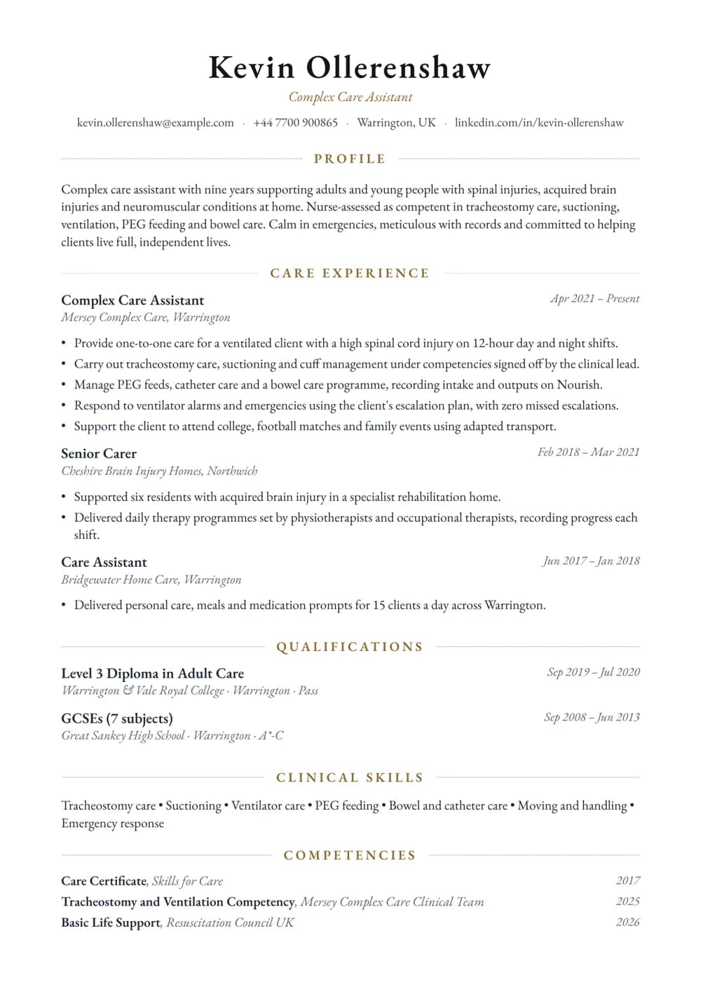 Complex Care Assistant CV template
