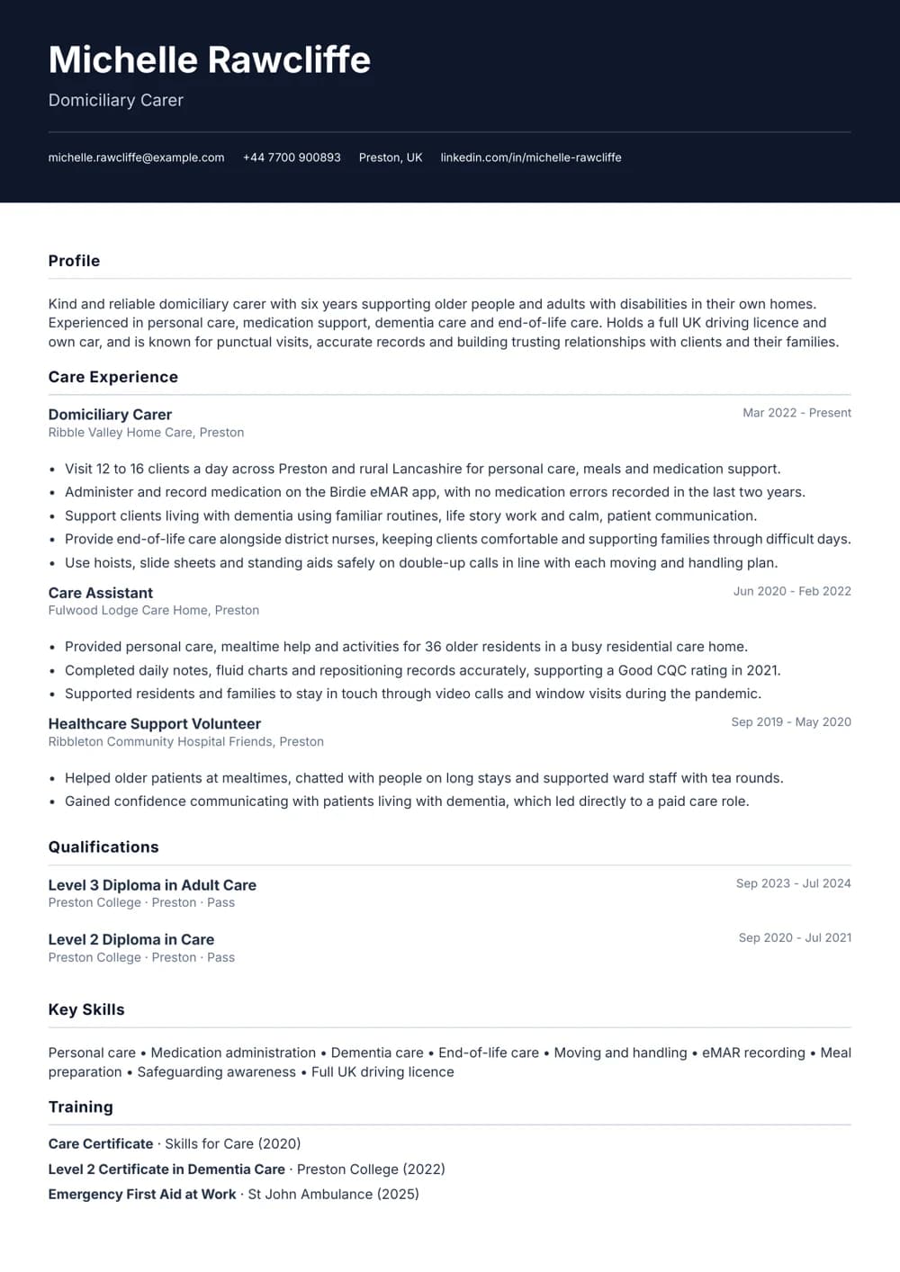 carer (domiciliary) cv template