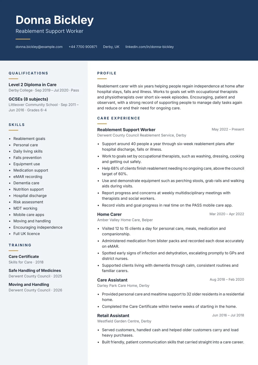 Reablement Carer CV template