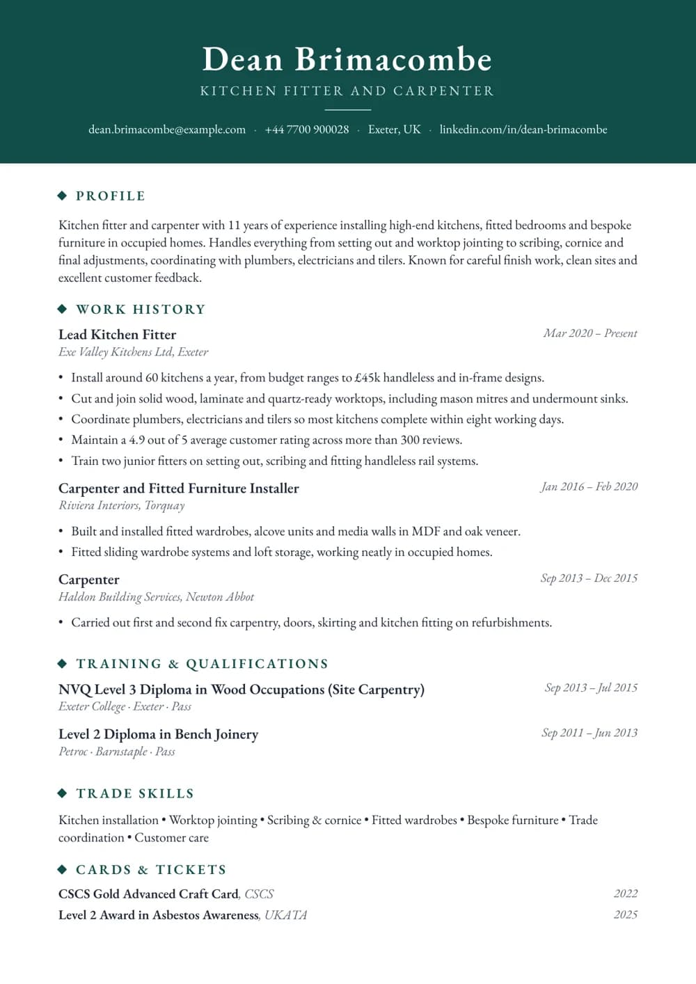 kitchen fitter and carpenter cv template