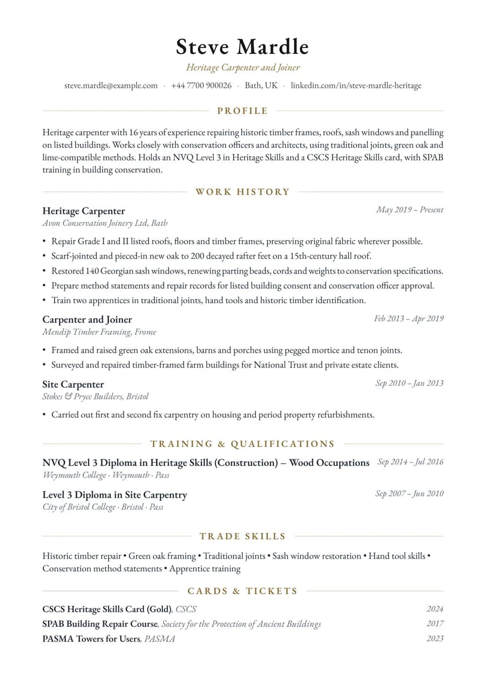 Heritage Carpenter CV template