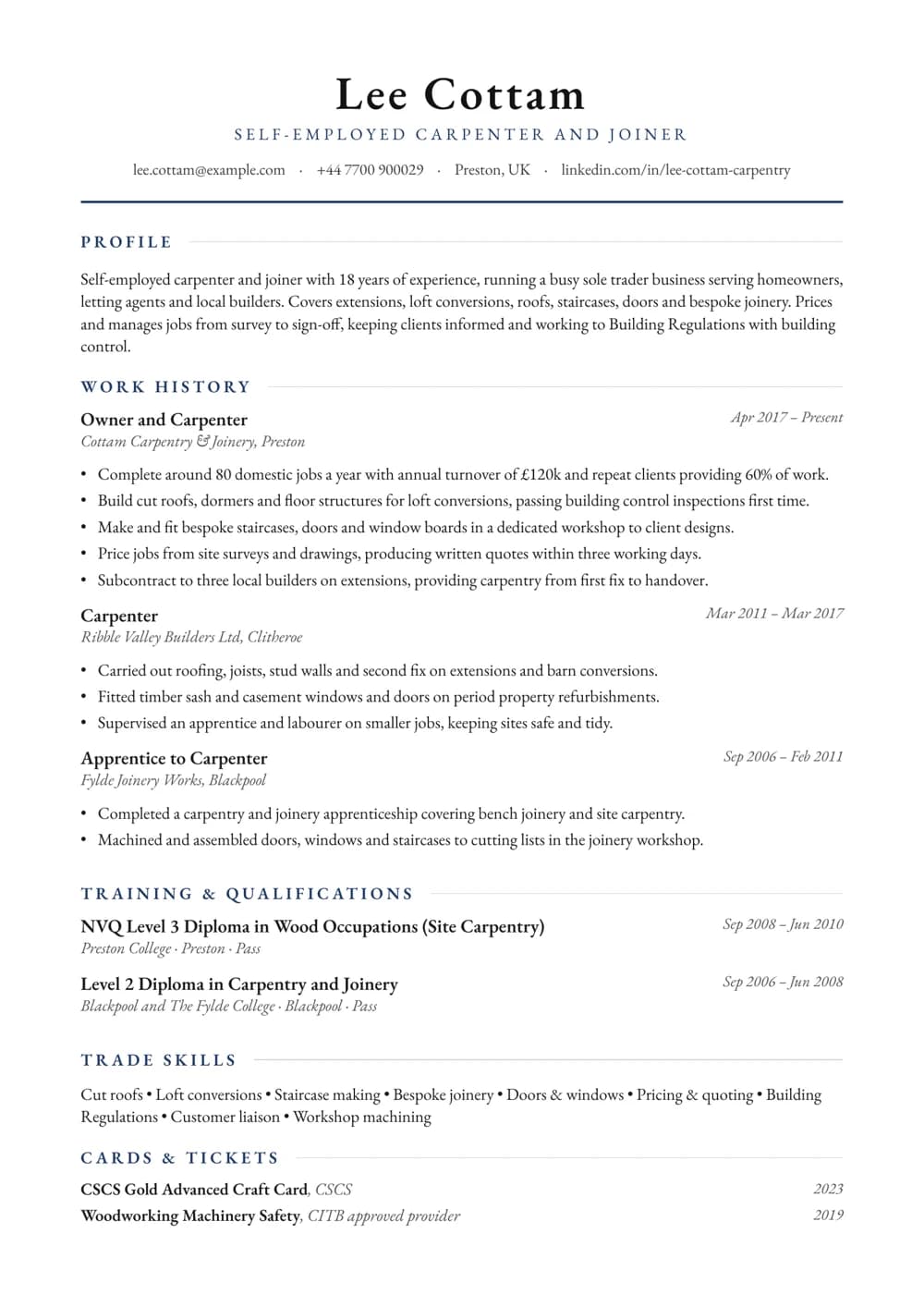 Self-Employed Carpenter CV template