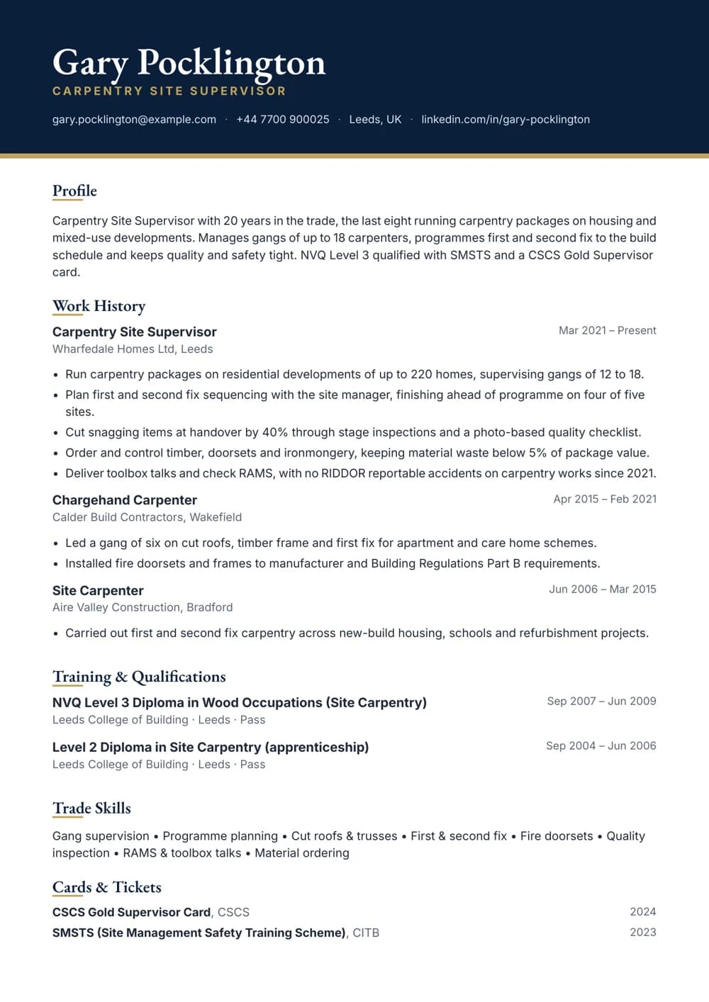 carpentry site supervisor cv template