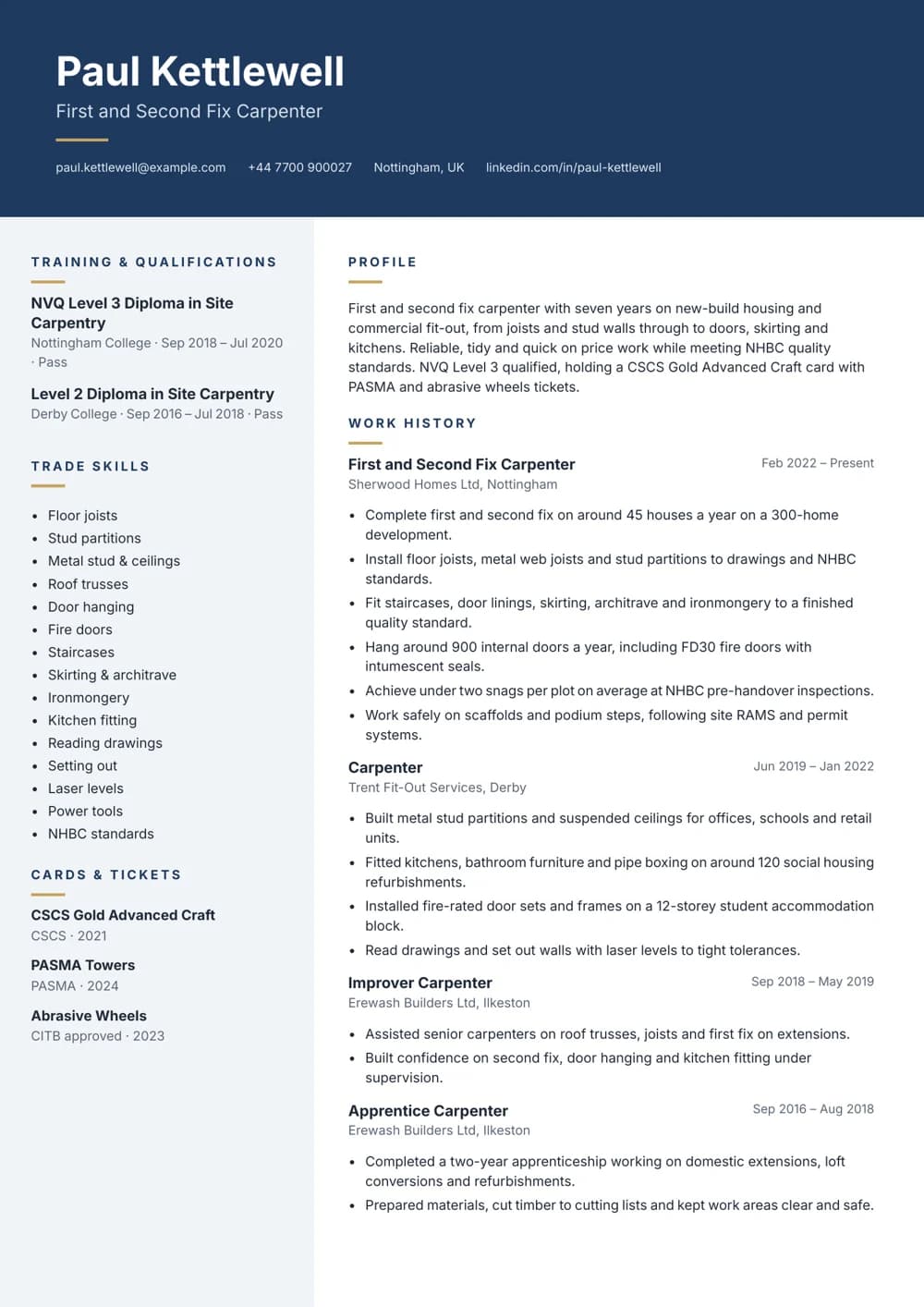 First and Second Fix Carpenter CV template