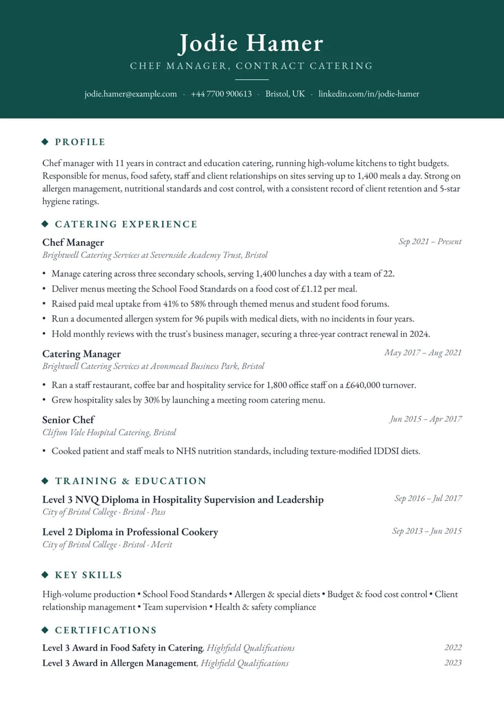contract catering chef manager cv template