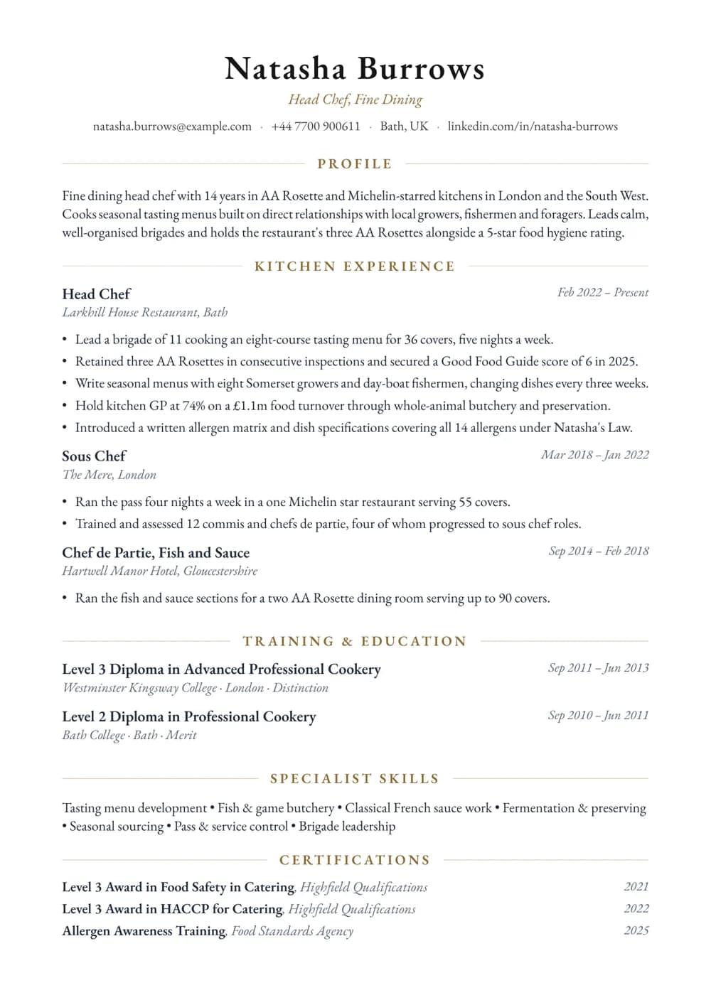 Fine Dining Head Chef CV template