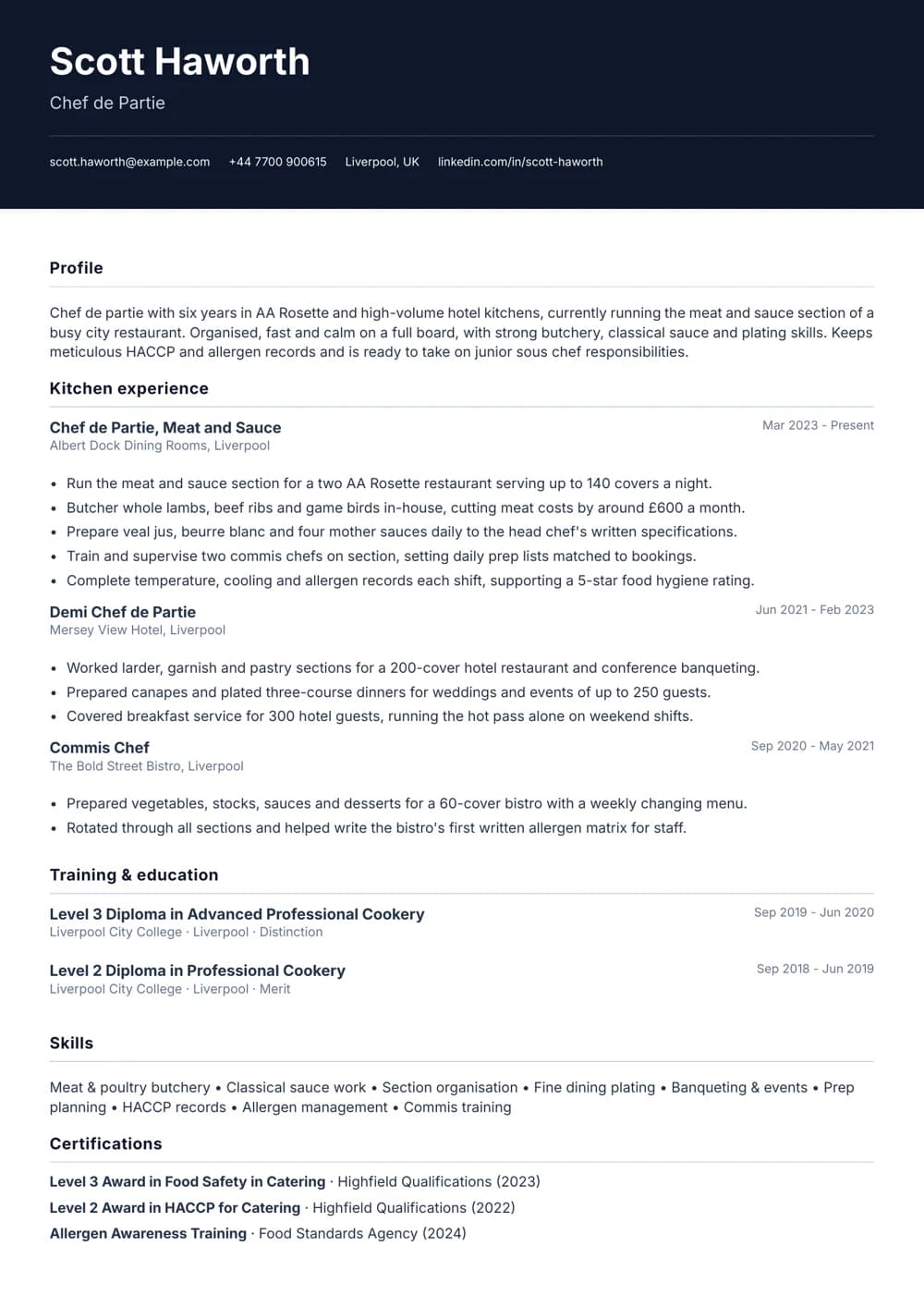 chef de partie cv template