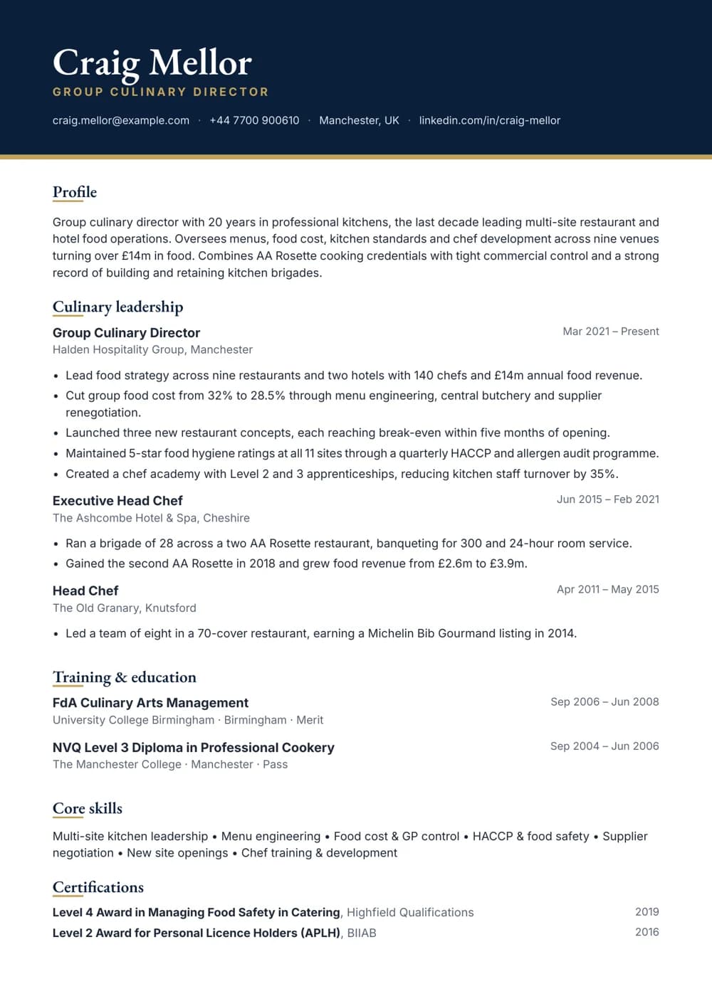 group culinary director cv template