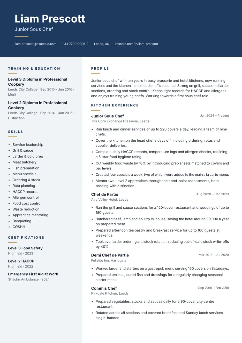 Junior Sous Chef CV template