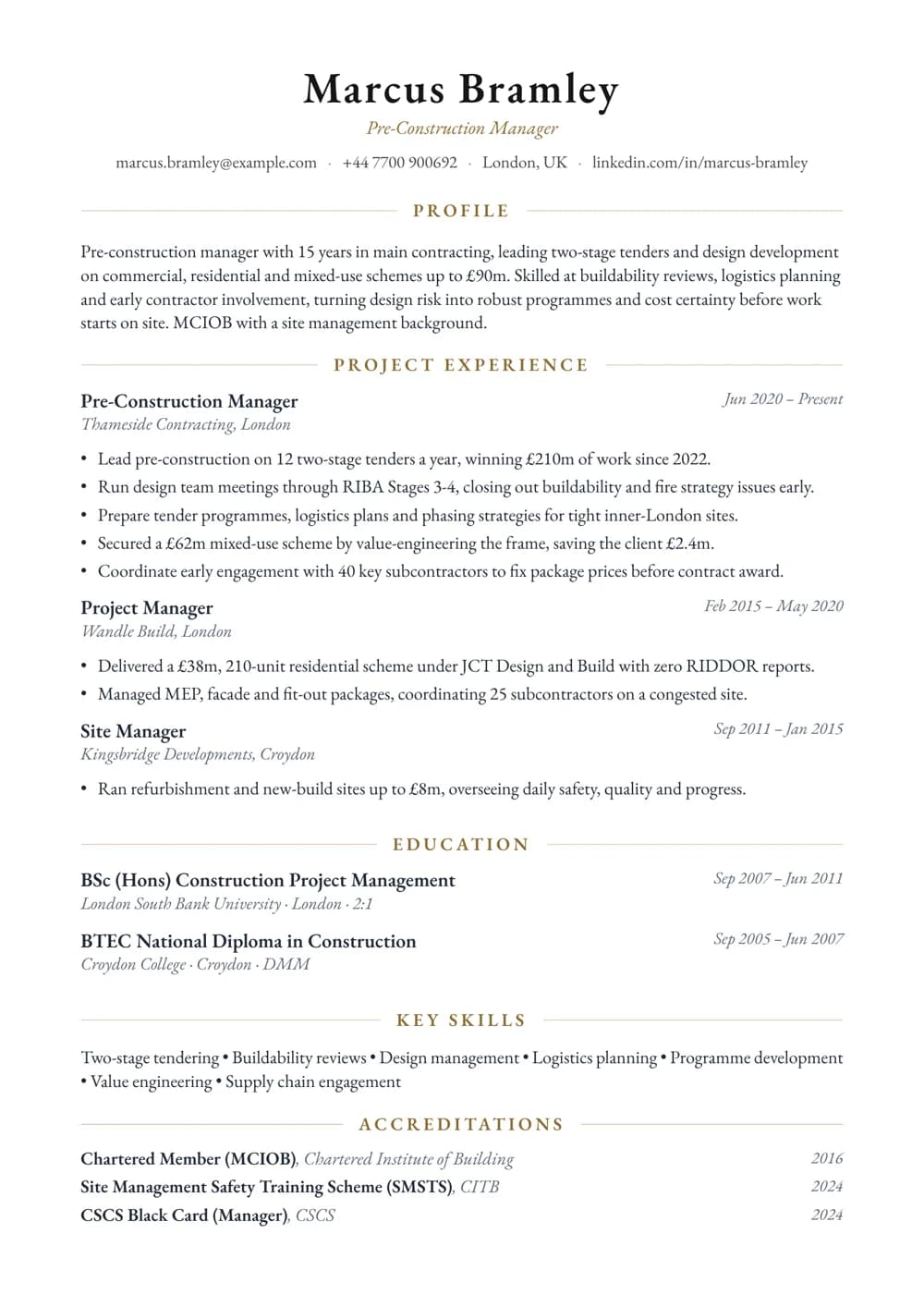 Pre-Construction Manager CV template