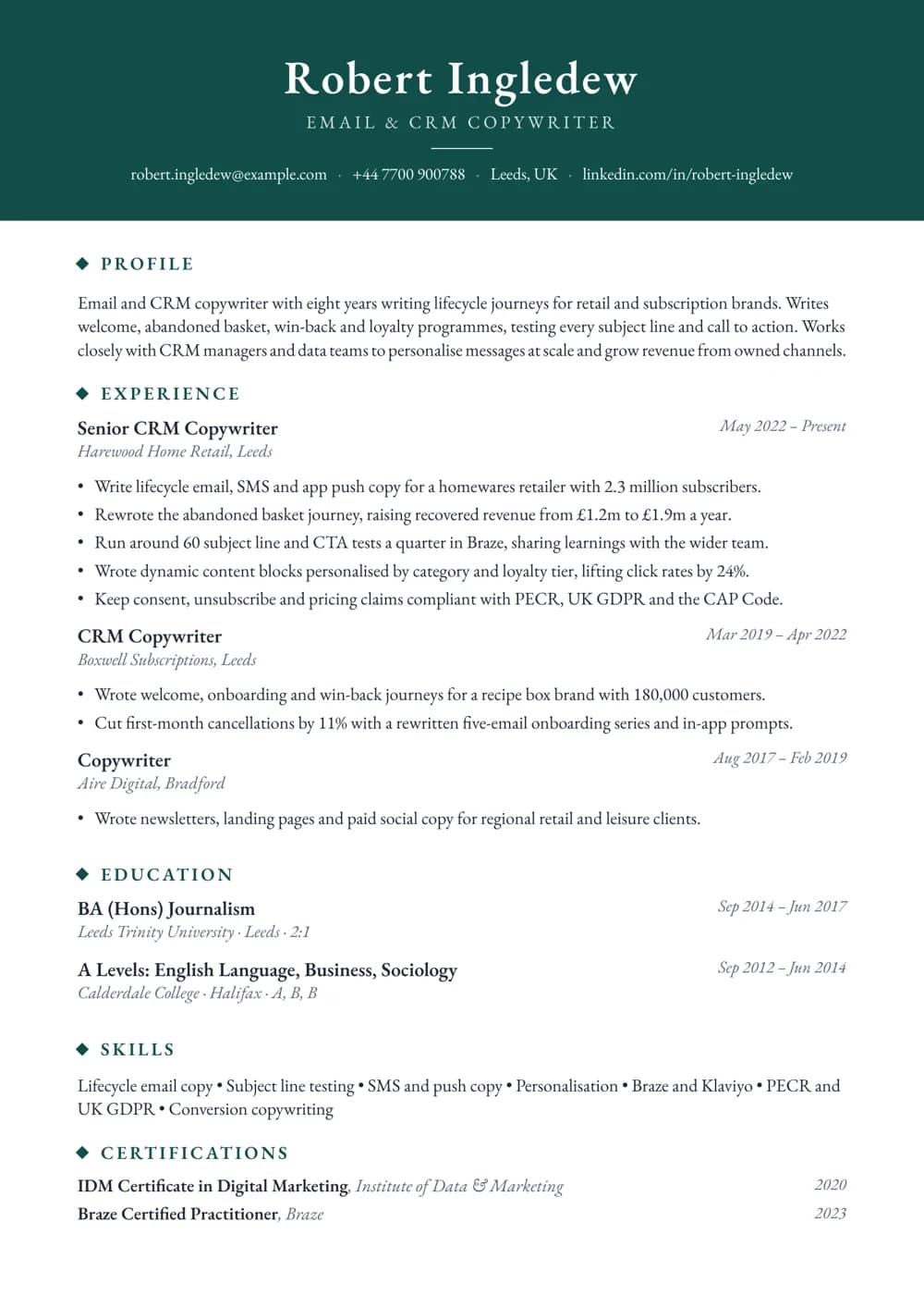 email & crm copywriter cv template