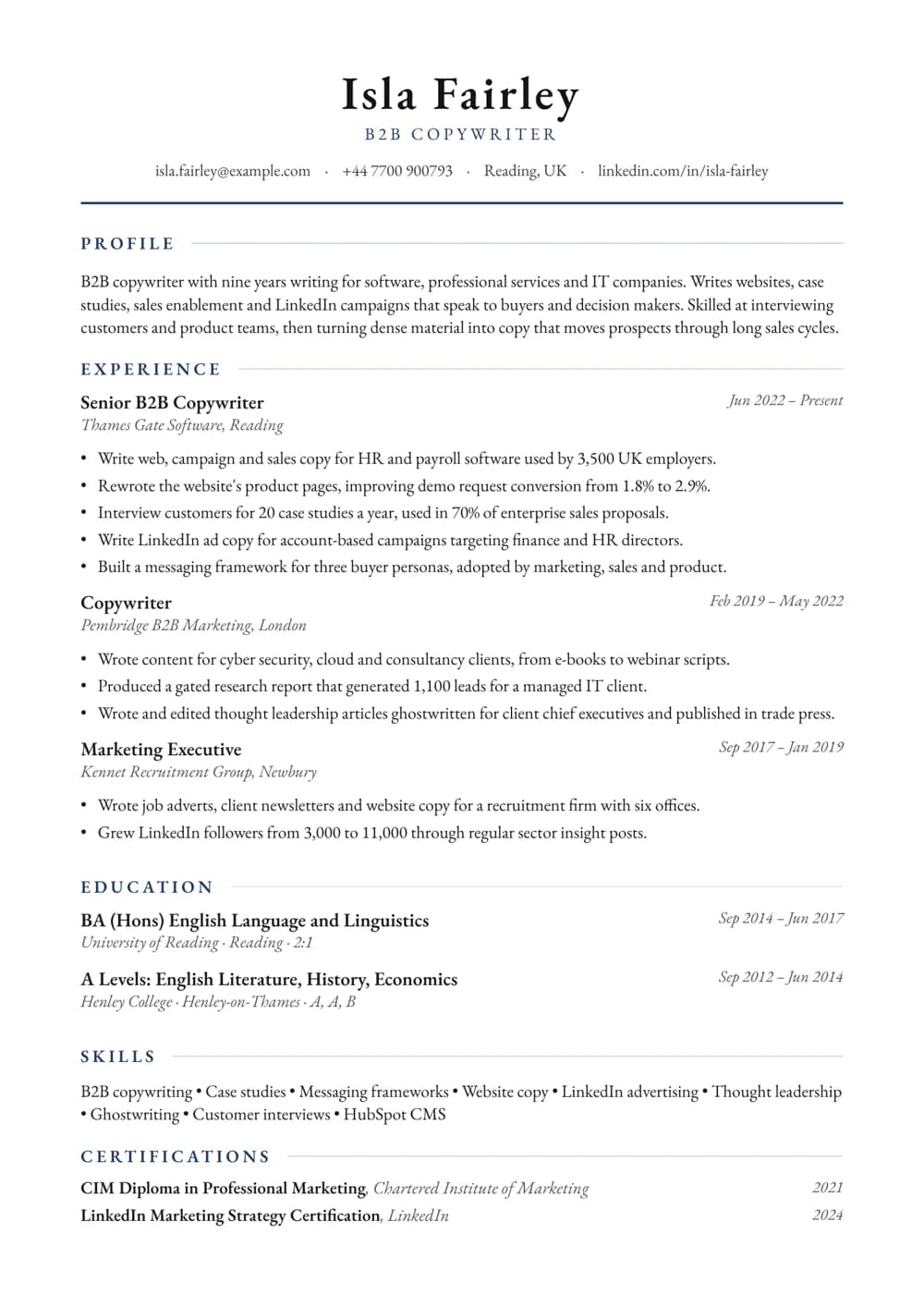 B2B Copywriter CV template