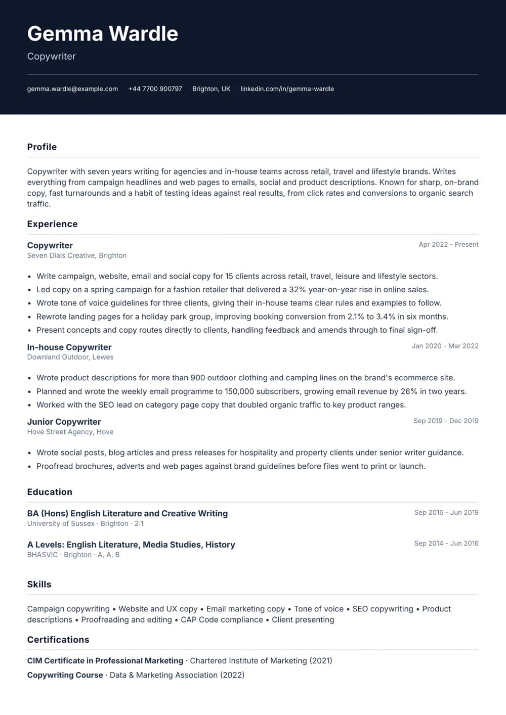 copywriter cv template