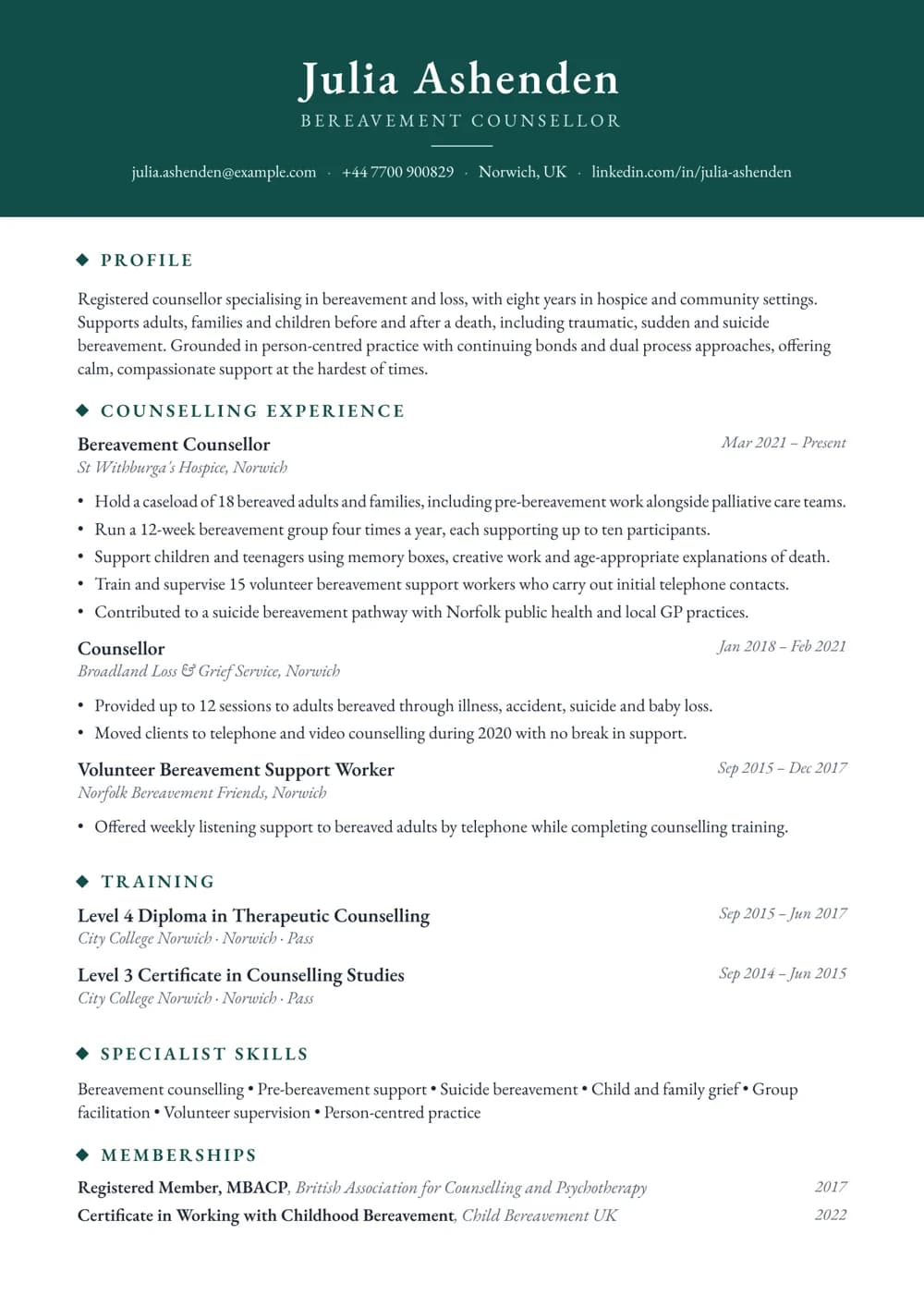 bereavement counsellor cv template