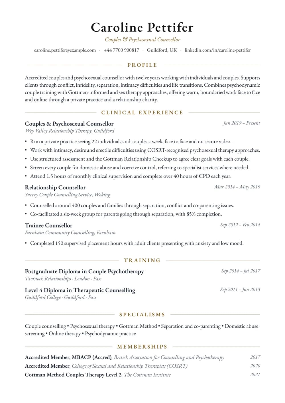 Couples Counsellor CV template