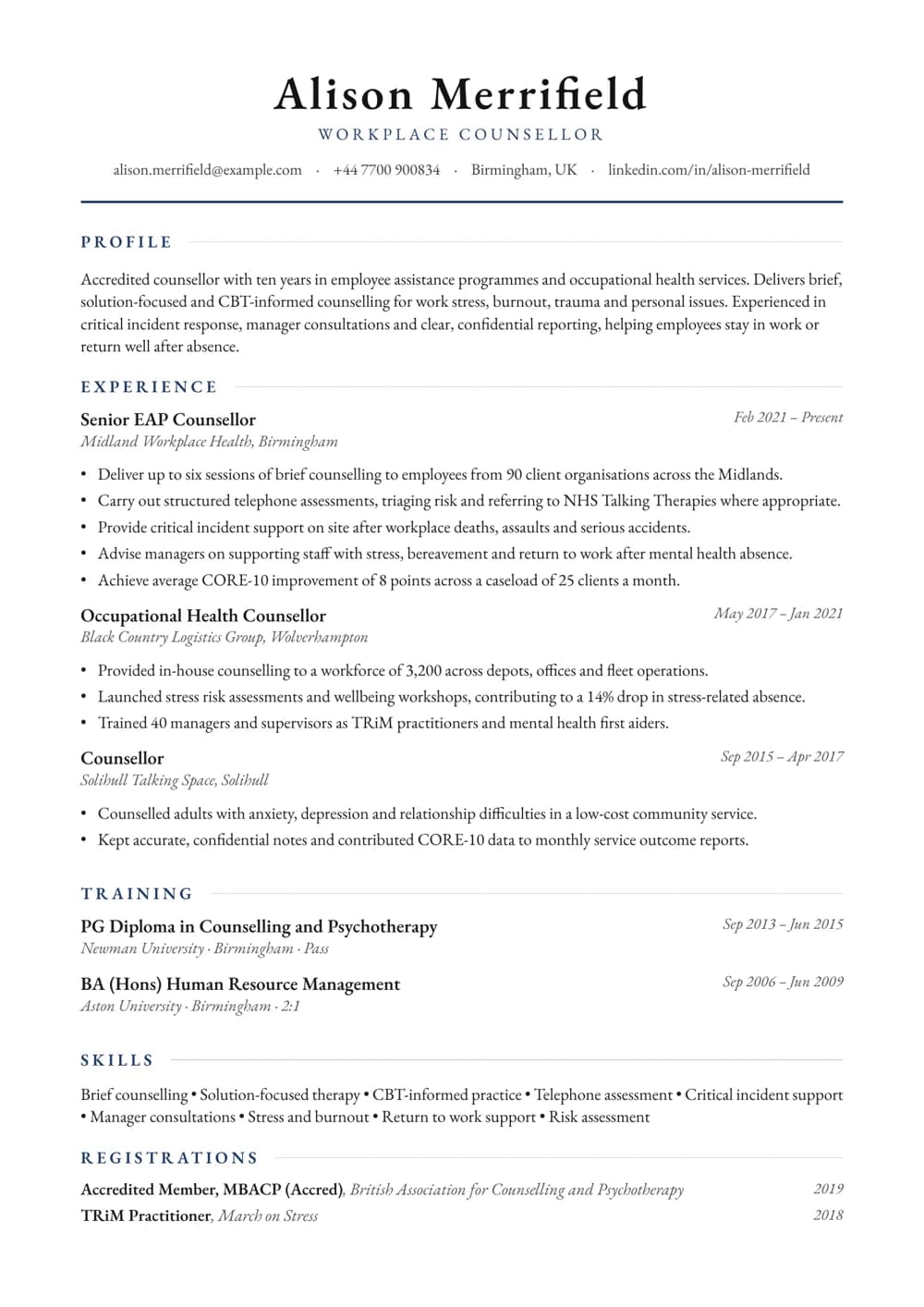 Workplace Counsellor (EAP) CV template