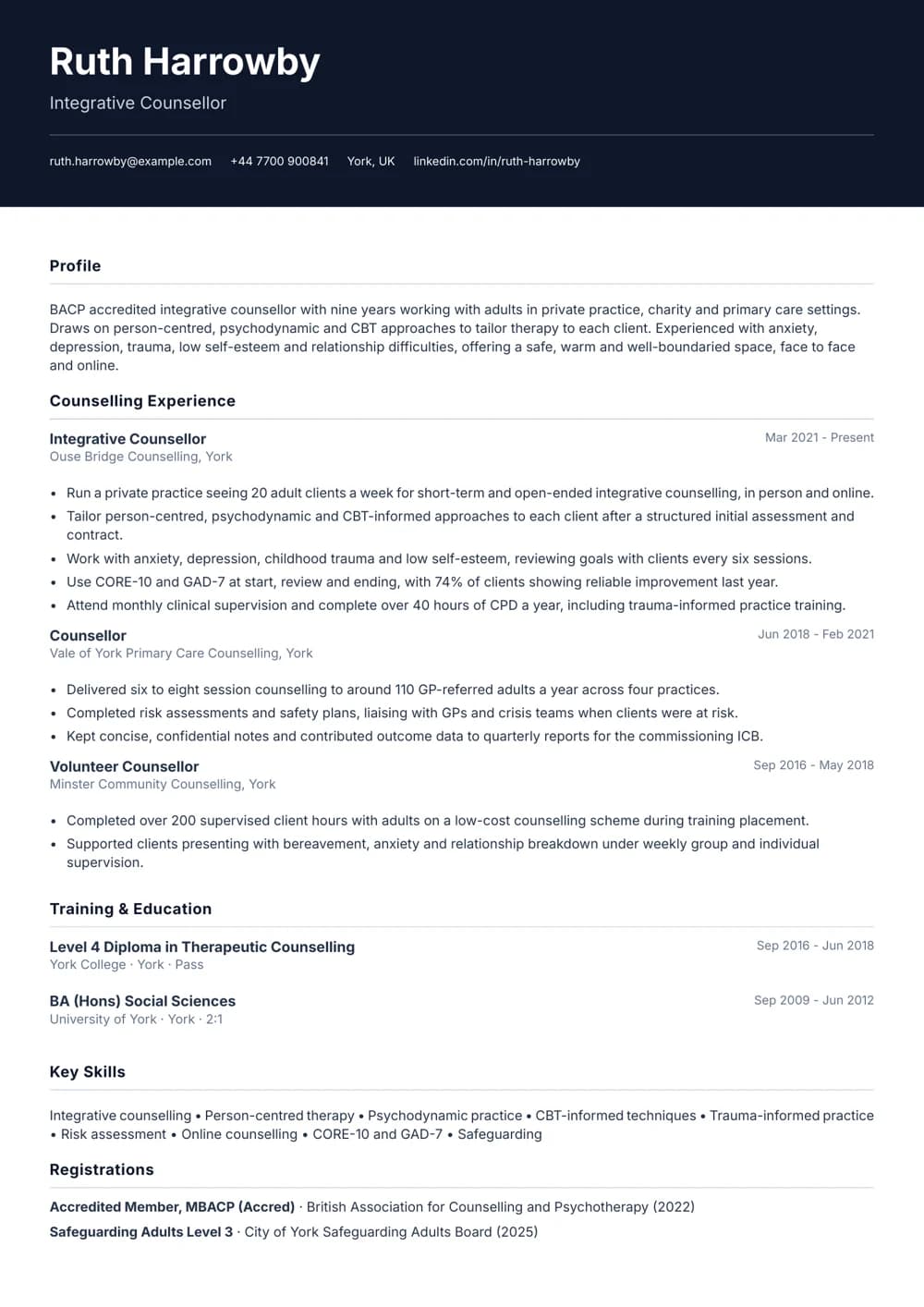 integrative counsellor cv template