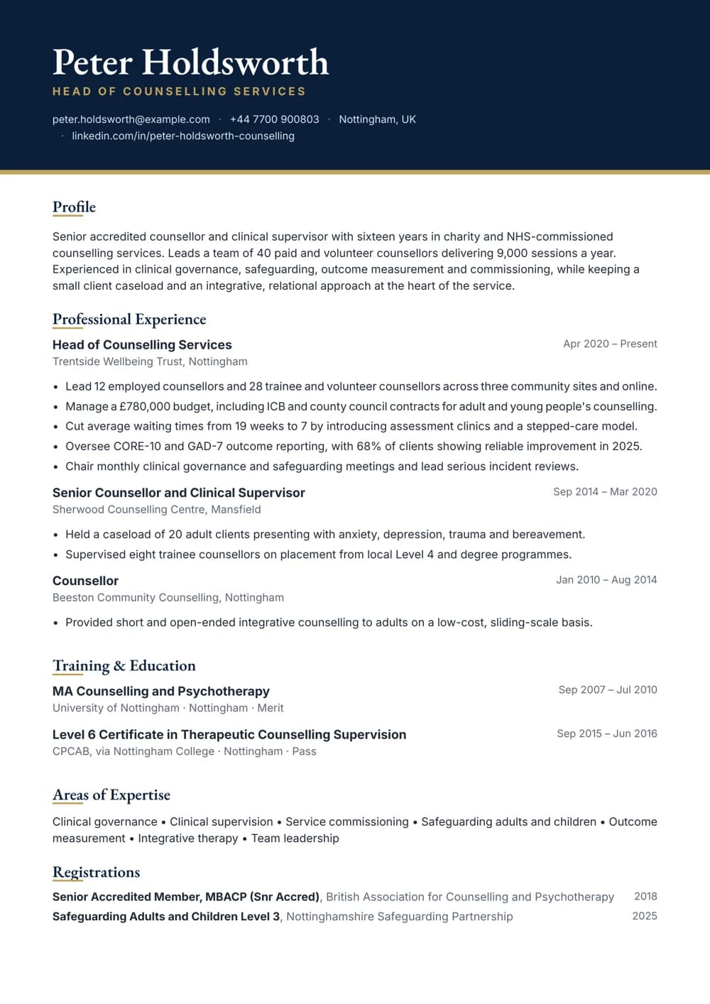 counselling service manager cv template