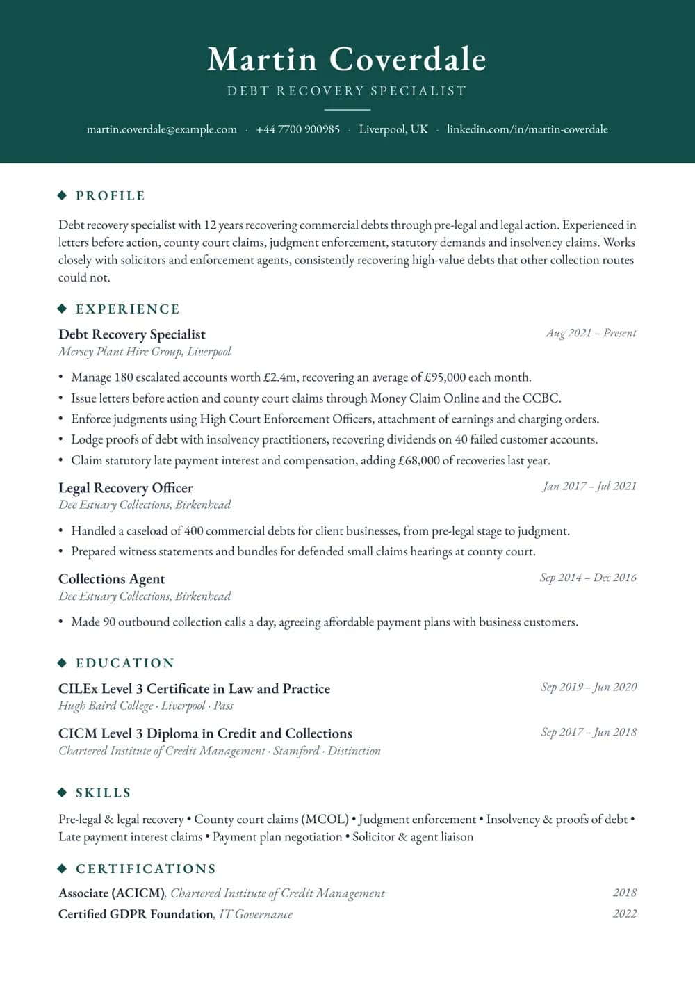 debt recovery specialist cv template