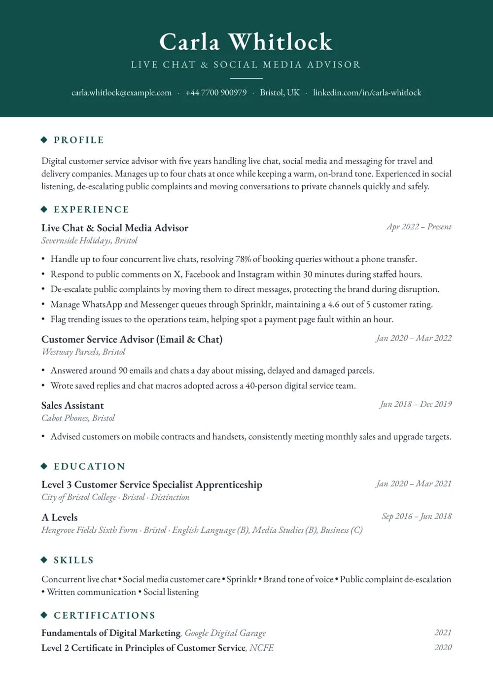 live chat & social media advisor cv template