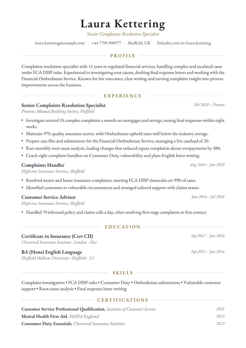 Complaints Resolution Specialist CV template