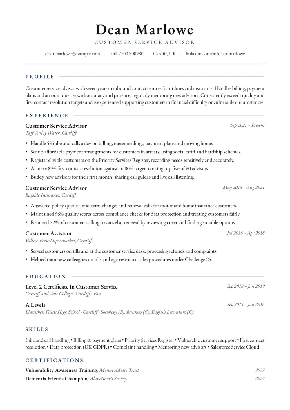 Customer Service Advisor CV template